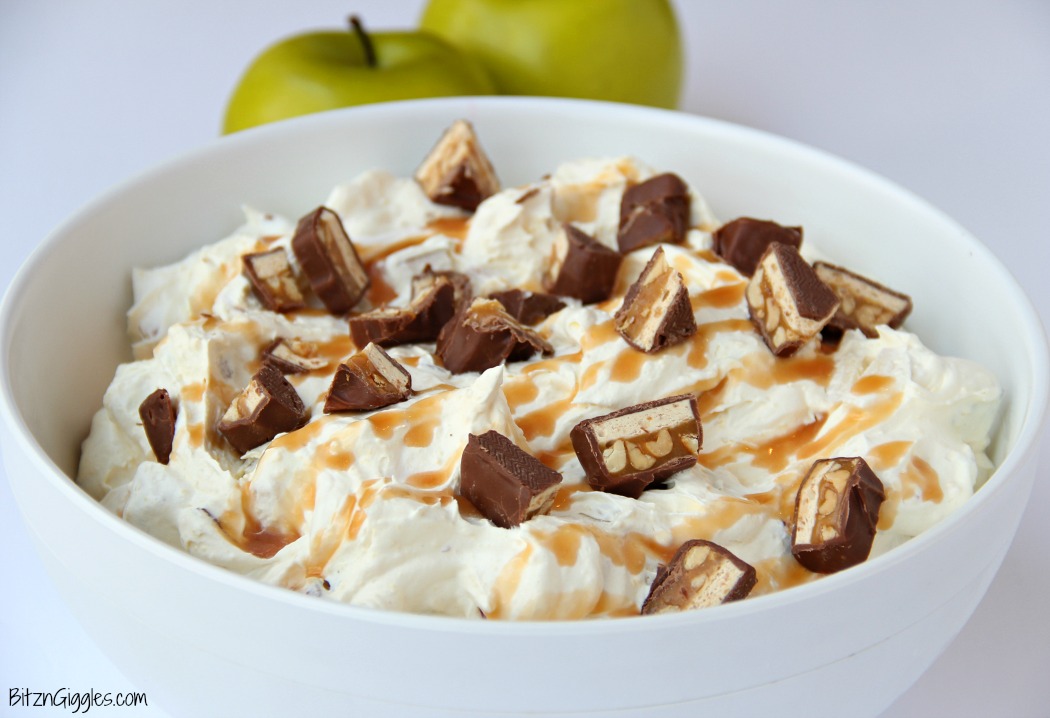 Snickers Caramel Apple Salad - a creamy, dreamy salad made with Snickers candy bars, pudding and whipped topping!