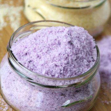 DIY Bath Salts - A super simple and awesome way to show someone you care. Only 5 ingredients and so pretty in an interesting glass jar!