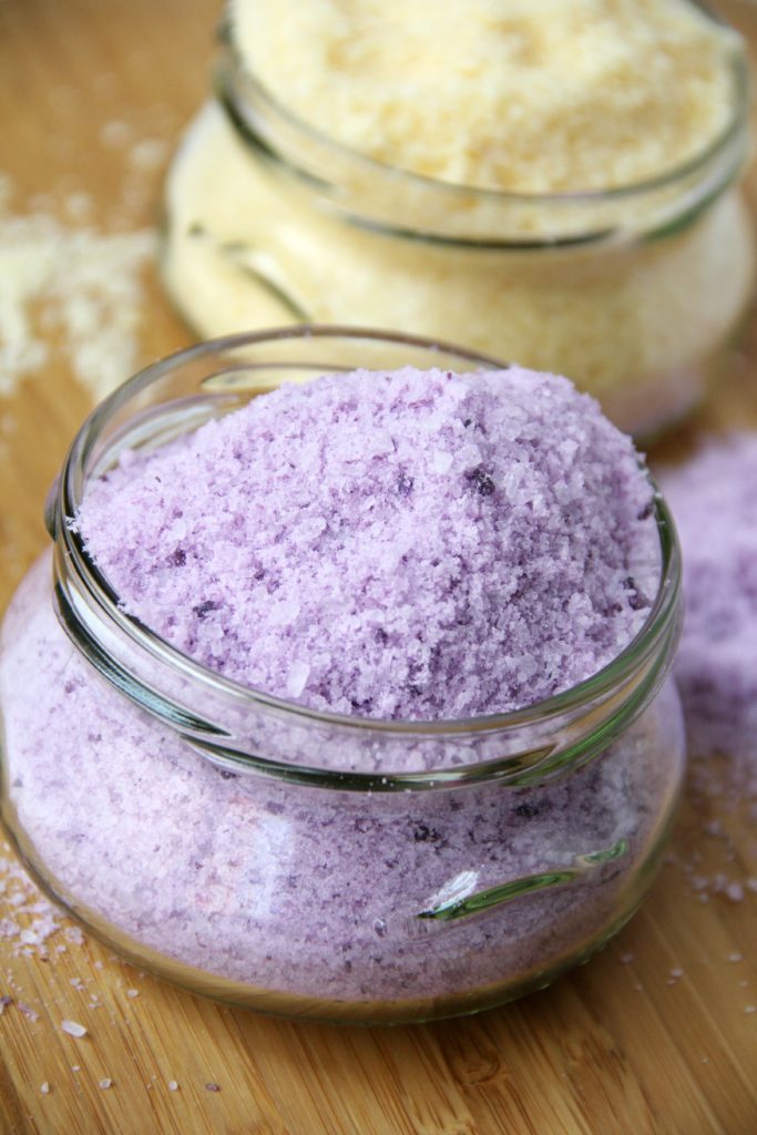 DIY Bath Salts - A super simple and awesome way to show someone you care. Only 5 ingredients and so pretty in an interesting glass jar!