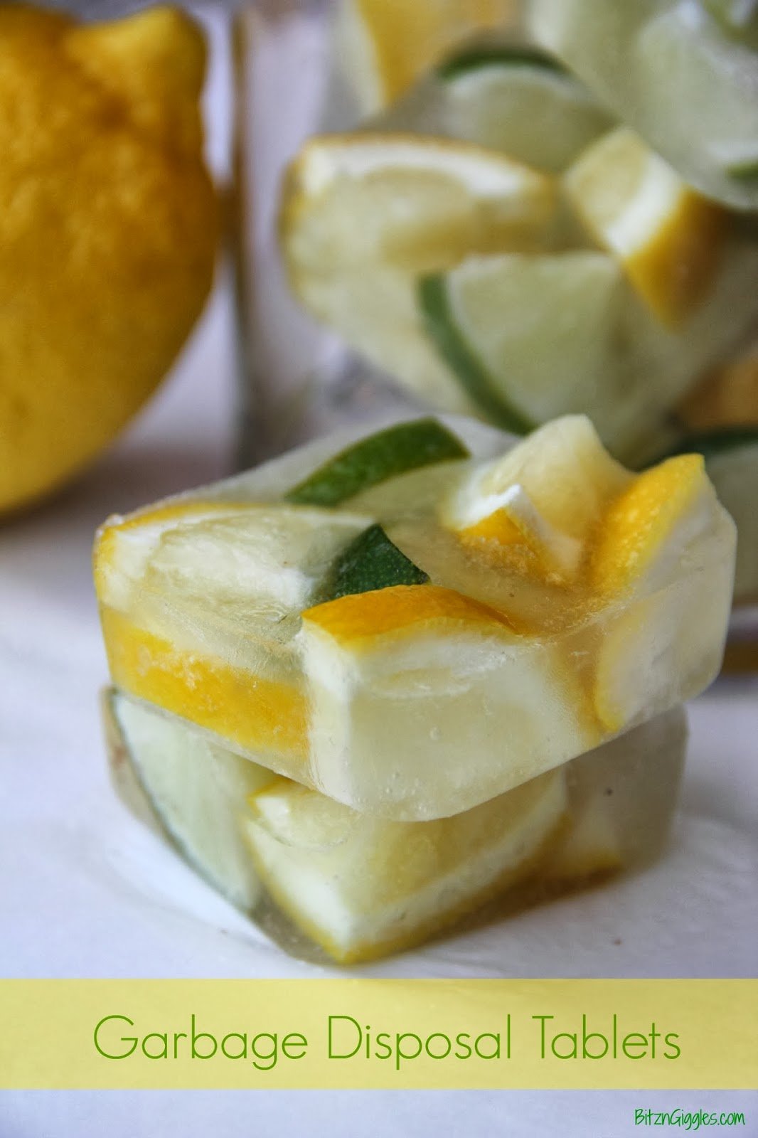 Garbage Disposal Tablets - Made with lemons, limes and vinegar. How easy! Add ½ cup of baking soda to disposal before dropping one in to keep your sink and kitchen smelling fresh! 