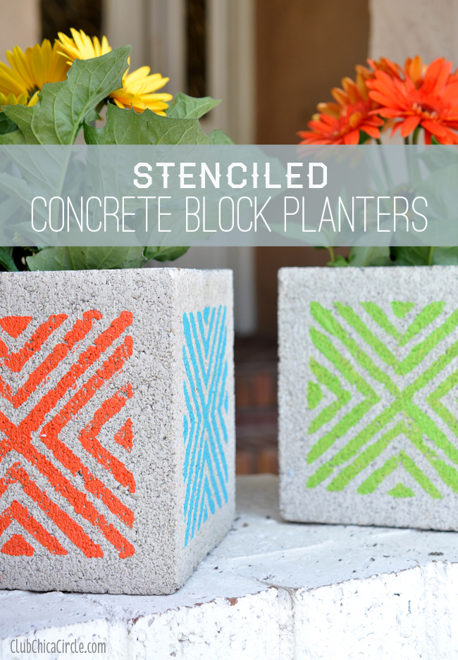 Stenciled-Concrete-Block-Planters-Craft-idea