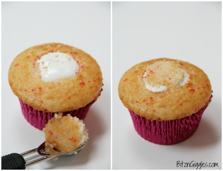 Shirley Temple Cupcakes - Made with Cherry Chip cake mix spiked with lemon-lime soda, filled with a marshmallowy fluff, topped with vanilla buttercream frosting and garnished with a cherry! WOW!