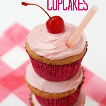 Shirley Temple Cupcakes - Made with Cherry Chip cake mix spiked with lemon-lime soda, filled with a marshmallowy fluff, topped with vanilla buttercream frosting and garnished with a cherry! WOW!
