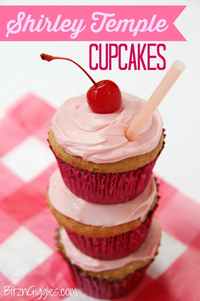 Shirley Temple Cupcakes - Made with Cherry Chip cake mix spiked with lemon-lime soda, filled with a marshmallowy fluff, topped with vanilla buttercream frosting and garnished with a cherry! WOW!