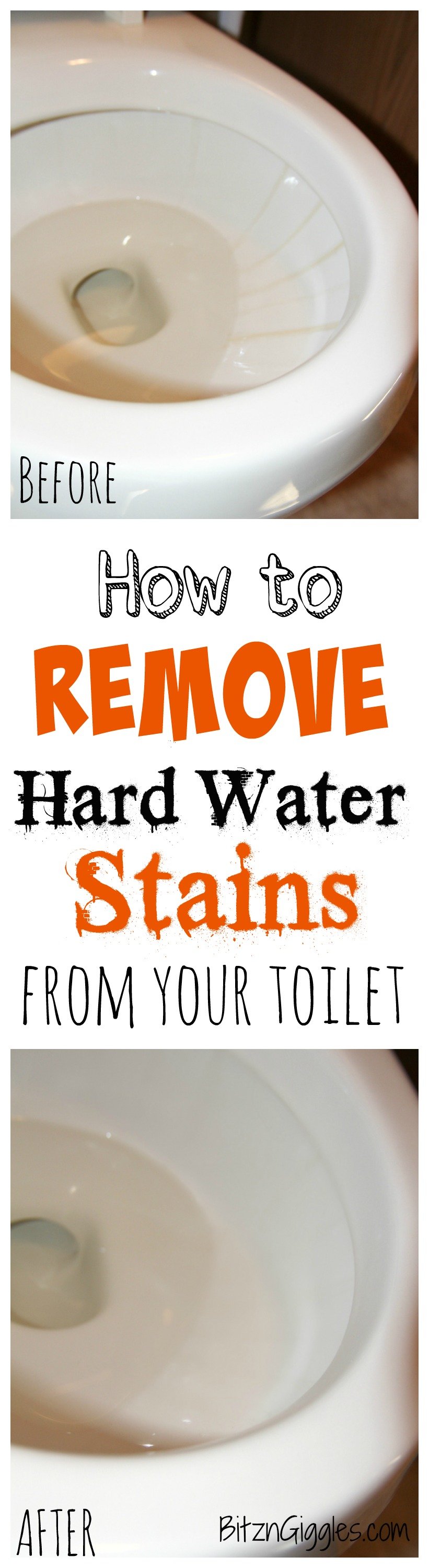 How to Remove Hard Water Stains From Your Toilet -A safe, effective and natural way to remove hard water stains from your toilet without any harsh chemicals. It literally takes minutes and leaves your toilet bowl clean and sparkly like it was when you purchased it! 