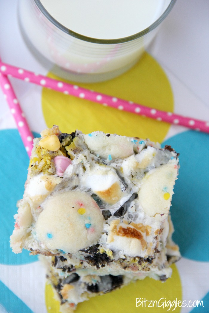 Cake Batter Truffle Bars - Sweet, chewy, decadent bars exploding with sprinkles, chocolate chips, marshmallows, and Oreo pieces!