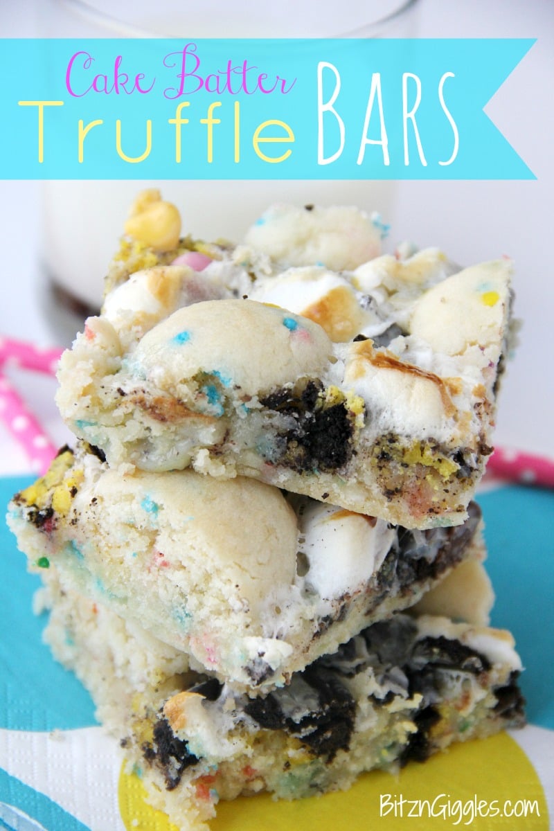 Cake Batter Truffle Bars - Sweet, chewy, decadent bars exploding with sprinkles, chocolate chips, marshmallows, and Oreo pieces!