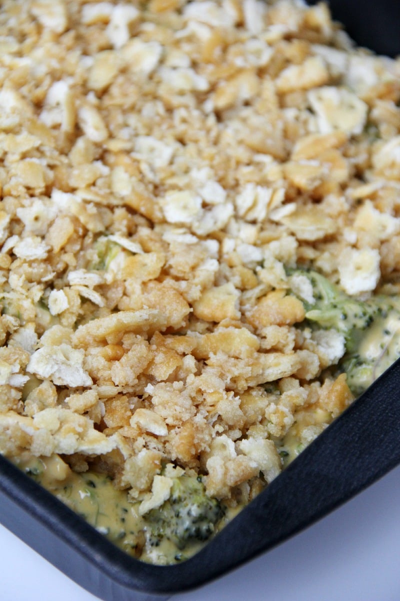 chicken broccoli cheese casserole with ritz cracker topping