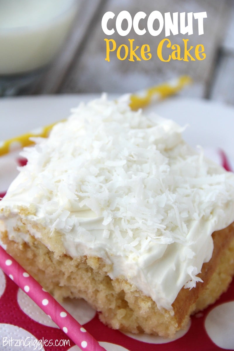 Coconut Poke Cake - A fluffy, moist cake infused with Cream of Coconut and topped with a light and airy cream cheese frosting!