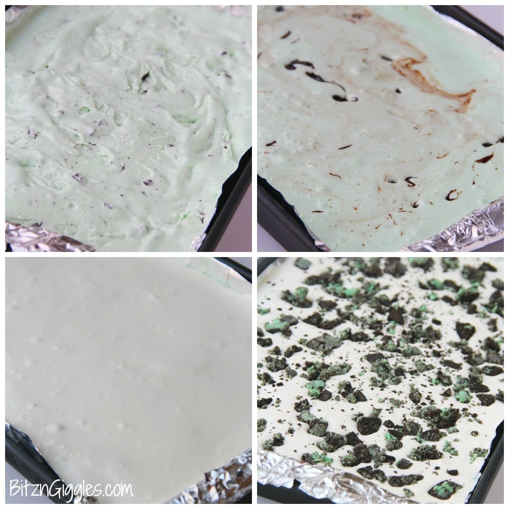 Chocolate Fudge Mint Oreo Bars - Mint chocolate chip ice cream bar dessert with a crunchy Oreo crust and fudge swirled throughout!