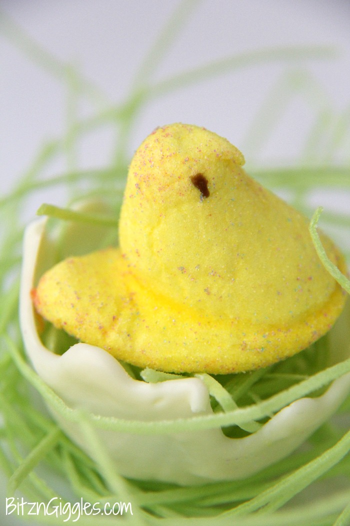 Easter Peep Hatchlings - An awesome tutorial for creating white chocolate egg shells! These would be so cool to incorporate into your Easter place settings!
