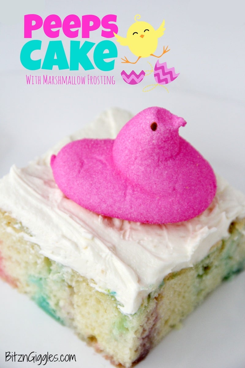 Peeps Cake With Marshmallow Frosting - This cake incorporates bits of Peeps right into the baking process, producing a colorful and slightly sweetened cake with a fluffy, marshmallow frosting that literally melts in your mouth!