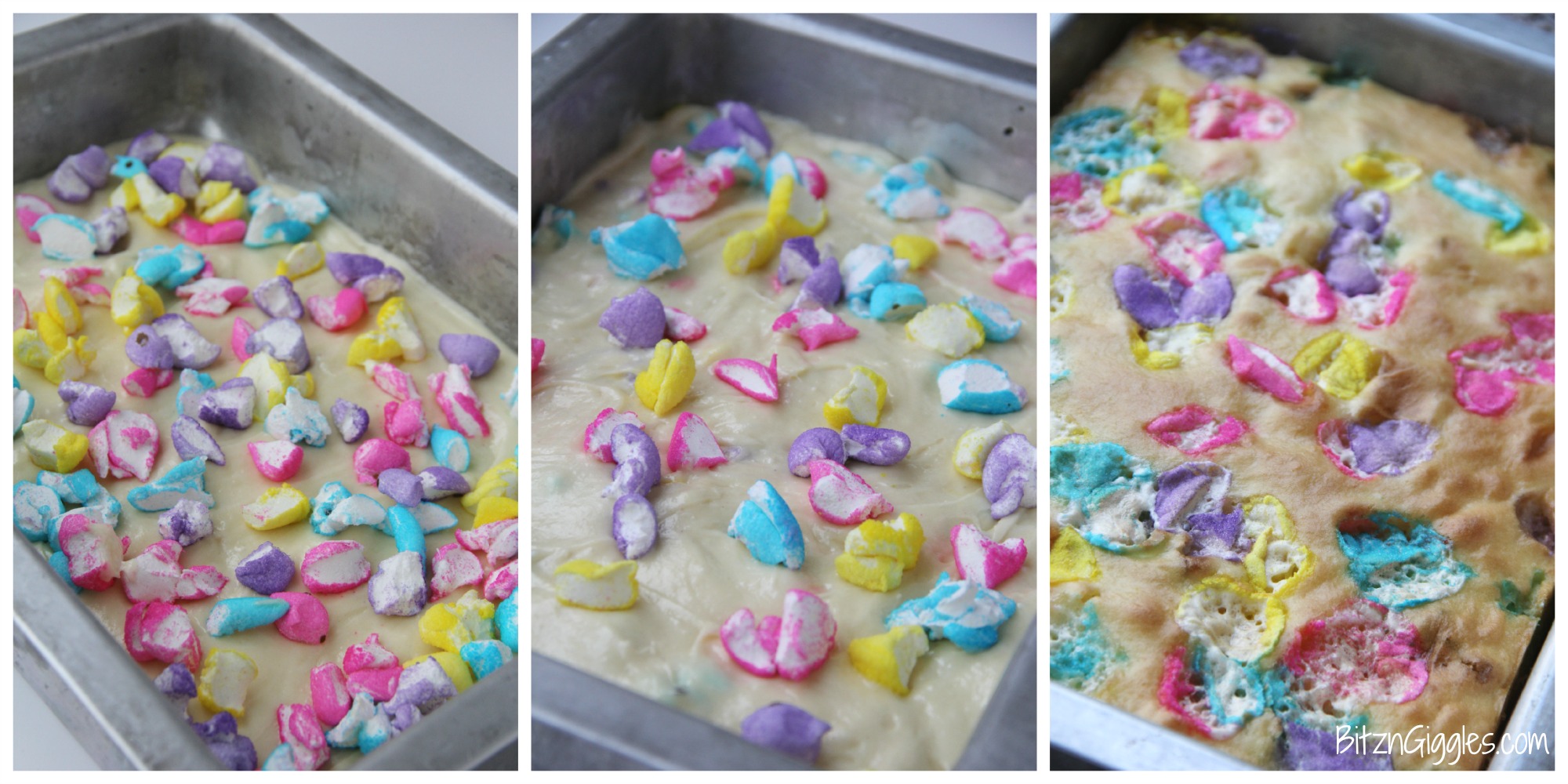 Peeps Cake With Marshmallow Frosting - This cake incorporates bits of Peeps right into the baking process, producing a colorful and slightly sweetened cake with a fluffy, marshmallow frosting that literally melts in your mouth!