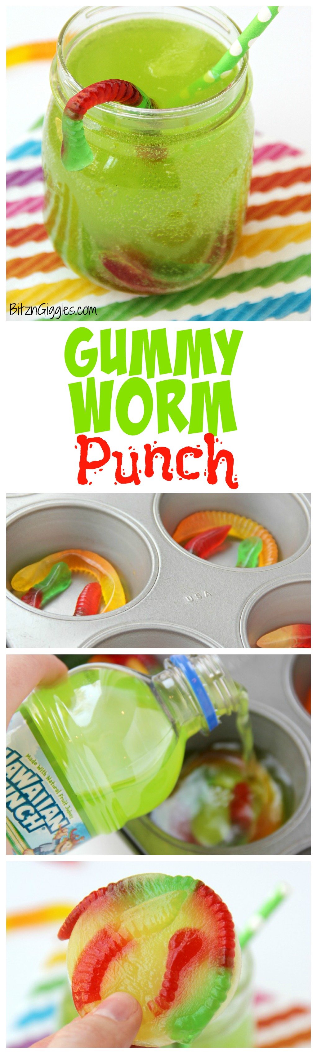 Gummy Worm Punch - Kids will love sipping on this drink in the summer! Great idea for birthday parties, St. Patrick's Day and Halloween, too! Gummy worms are frozen in a punch mixture and emerge from the ice as the drink is enjoyed! So much fun!