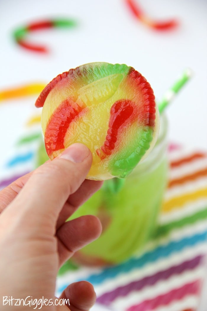 Gummy Worm Punch - Kids will love sipping on this drink in the summer! Great idea for birthday parties, St. Patrick's Day and Halloween, too! Gummy worms are frozen in a punch mixture and emerge from the ice as the drink is enjoyed! So much fun!