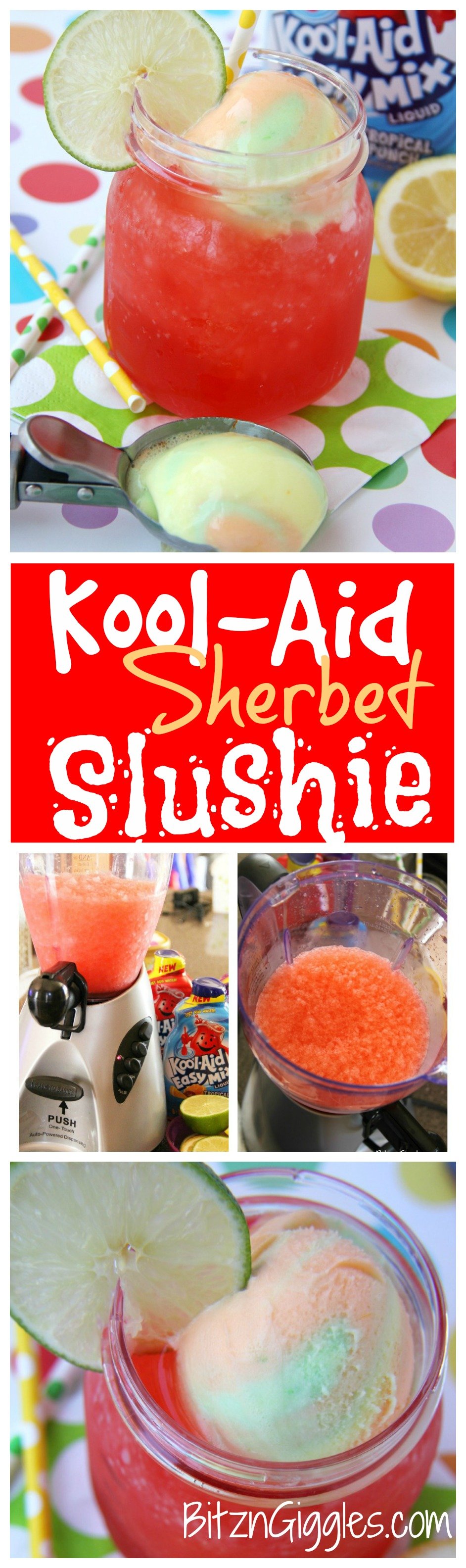 Kool-Aid Sherbet Slushie - A refreshing Kool-Aid slushie topped off with a creamy scoop of rainbow sherbet!