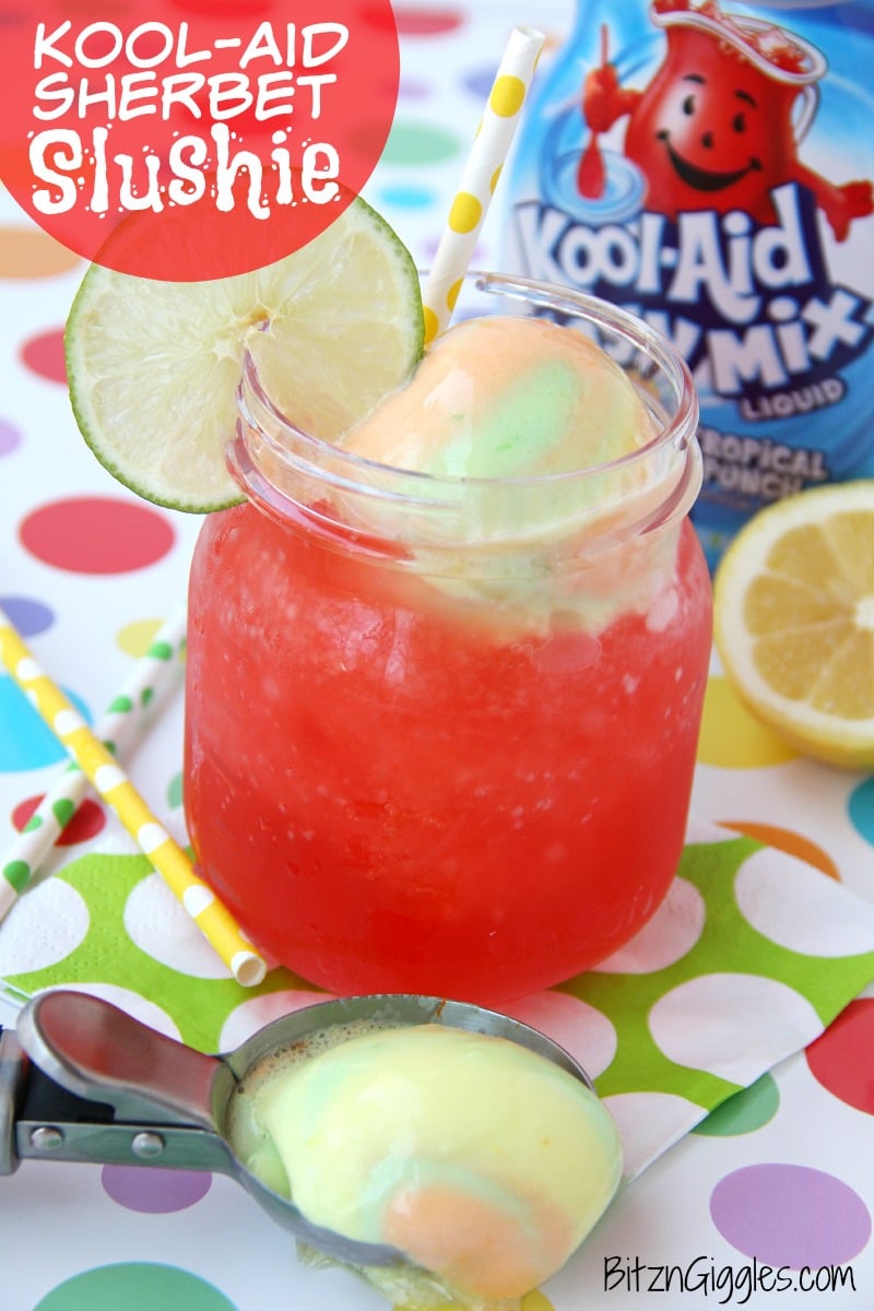 Kool-Aid Sherbet Slushie - A refreshing Kool-Aid slushie topped off with a creamy scoop of rainbow sherbet!