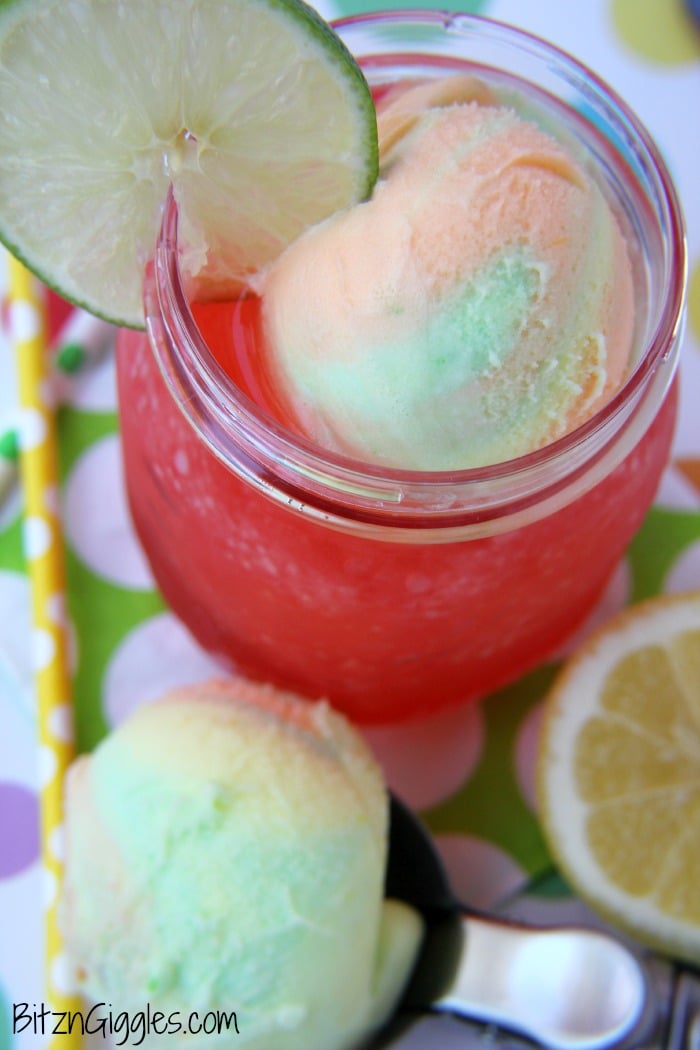 Kool-Aid Sherbet Slushie - A refreshing Kool-Aid slushie topped off with a creamy scoop of rainbow sherbet!