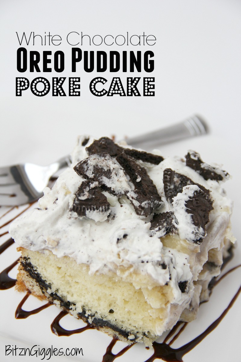 White Chocolate Oreo Pudding Poke Cake - A super moist vanilla cake with an Oreo cookie bottom, Oreo-infused center and cookie fluff frosting.