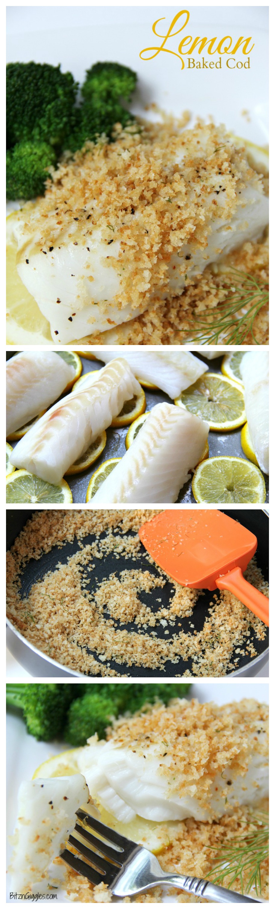 Lemon Baked Cod - Flaky white cod baked on top of lemon slices and then topped off with panko crumbs. . . bursting with flavors of lemon and dill.
