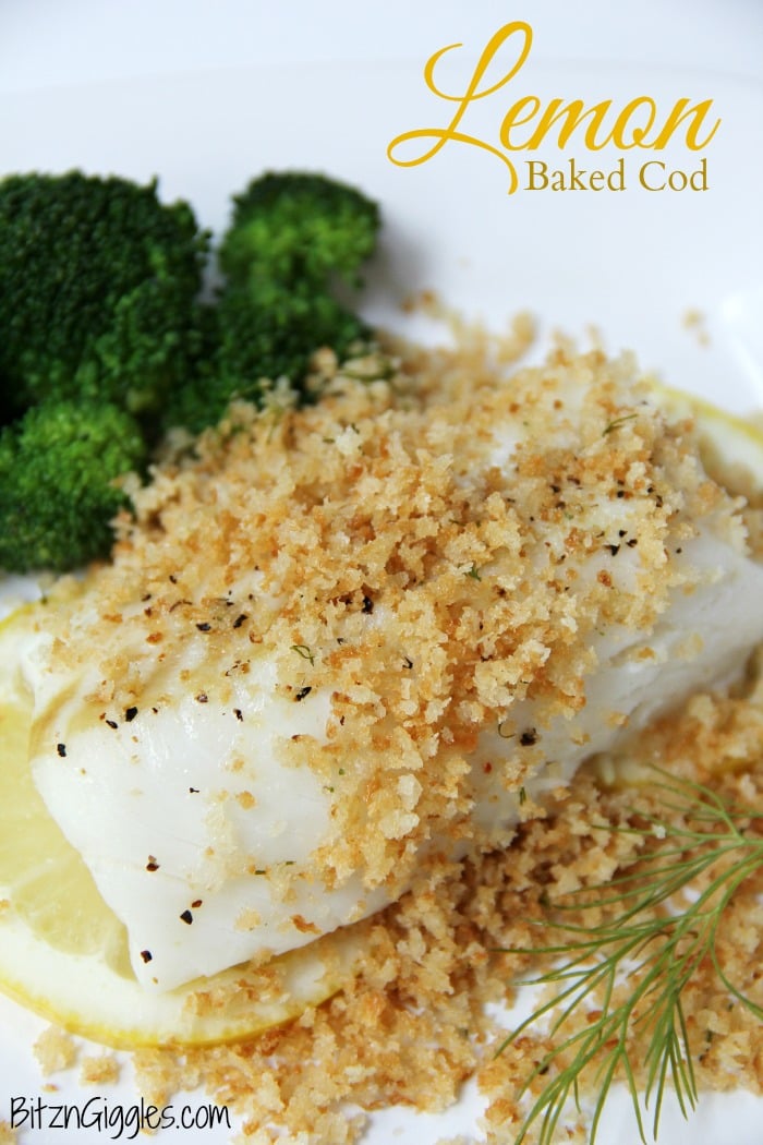 Lemon Baked Cod - Flaky white cod baked on top of lemon slices and then topped off with panko crumbs. . . bursting with flavors of lemon and dill.