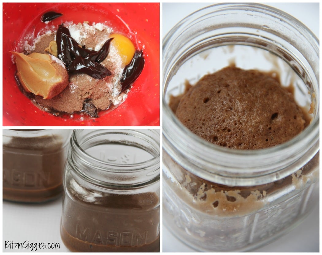 Peanut Butter Fudge Mason Jar Cake - A decadent peanut butter fudge cake made in the microwave in under 1 minute! Top with some vanilla ice cream and fudge - it's heavenly!