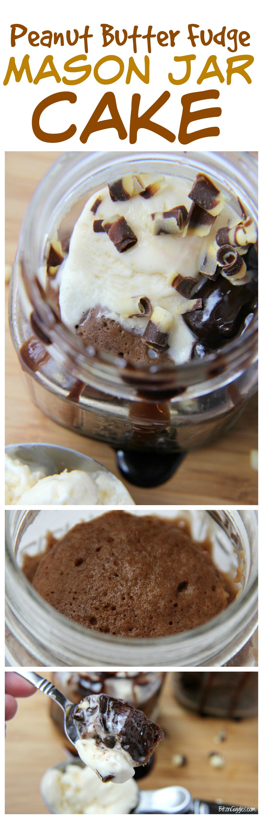 Peanut Butter Fudge Mason Jar Cake - A decadent peanut butter fudge cake made in the microwave in under 1 minute! Top with some vanilla ice cream and fudge - it's heavenly!