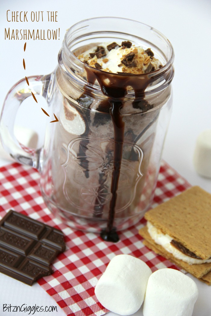 S'mores Milkshake - Alternating layers of marshmallow fluff and chocolate ice cream combine to create a decadent and delicious shake topped off with crushed graham crackers and chocolate!