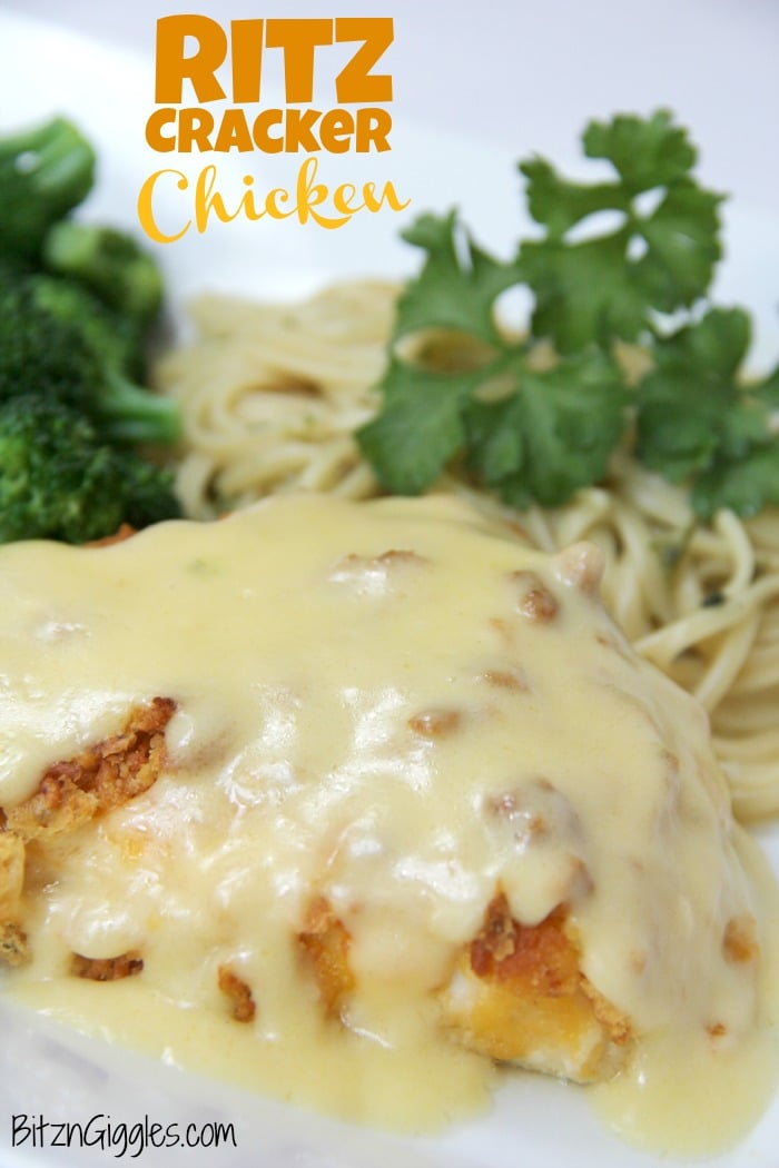 Ritz Cracker Chicken - Cheesy chicken covered with crispy, baked Ritz Crackers and topped with a creamy, flavorful sauce!