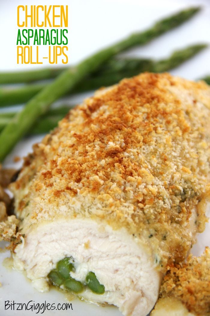 Chicken Asparagus Roll-Ups - Deliciously moist and cheesy chicken breasts rolled around asparagus spears and covered with a hollandaise-like sauce. Crunchy panko crumbs top off this elegant dish.