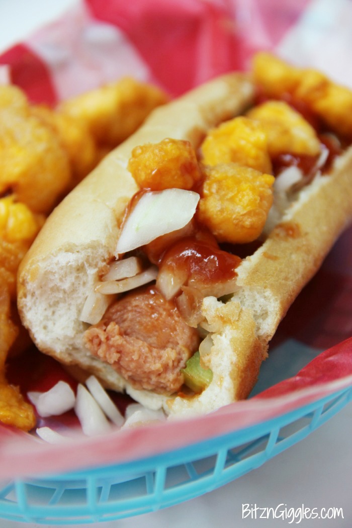 Cheese Curd Dogs - AA family favorite with Wisconsin charm! Chopped onions, pickles, sauerkraut and cheese curds make this dog irresistible!
