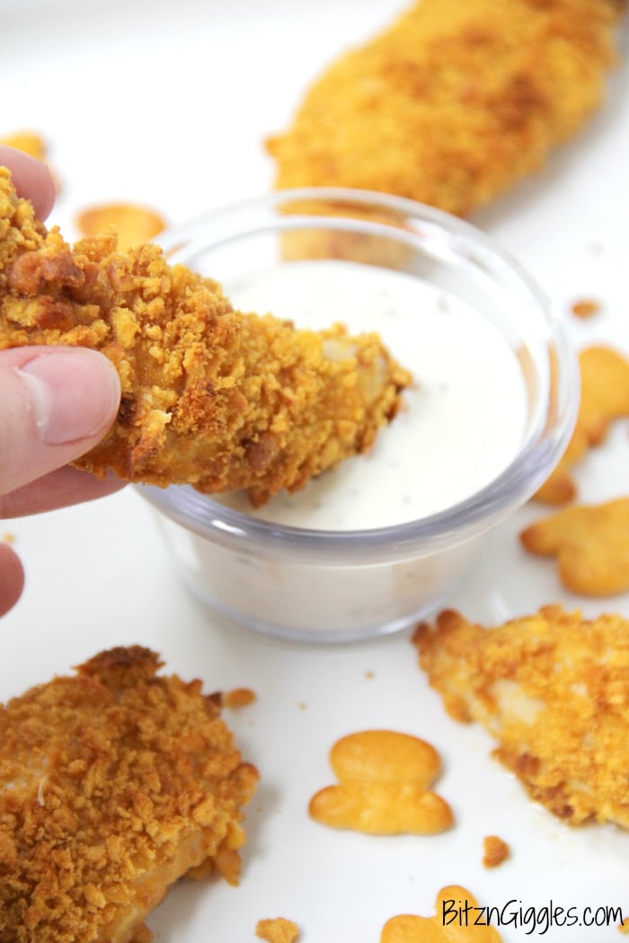 Homemade Cheddar Chicken Strips - Super juicy chicken strips with a crunchy cheddar cracker coating! A "kid food" favorite delicious enough for even adults!