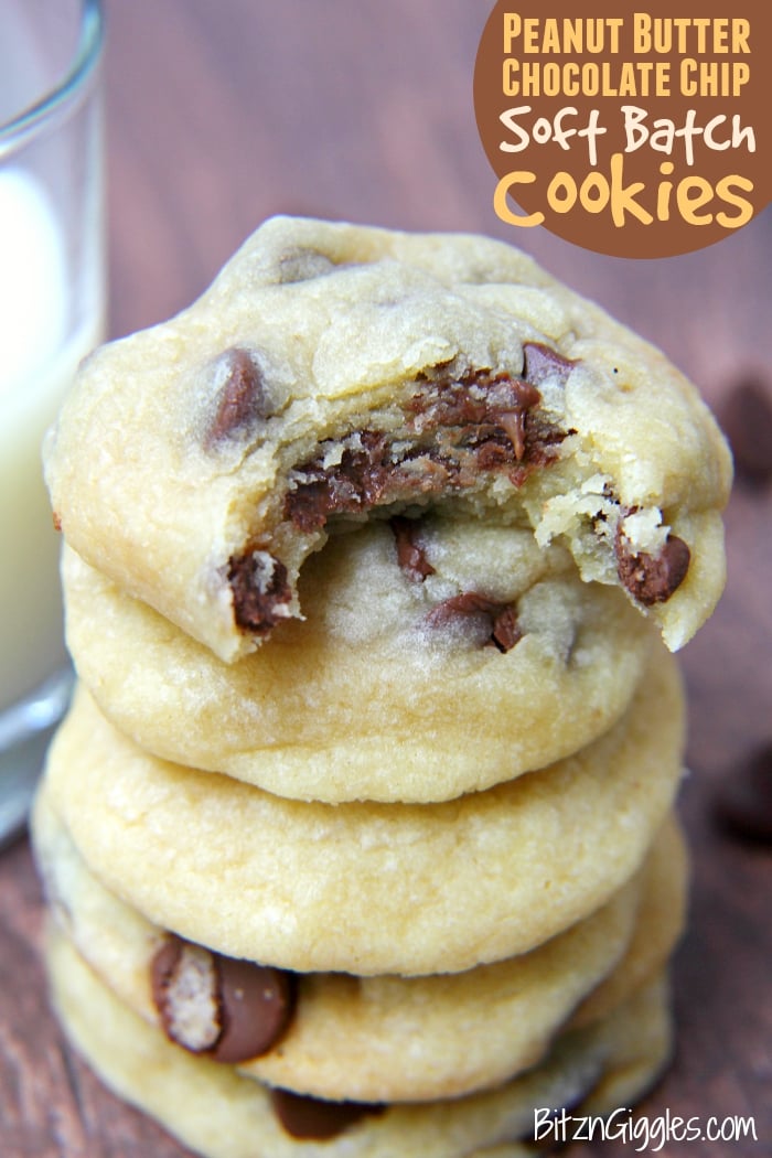 Peanut Butter Chocolate Chip Soft Batch Cookies - THE BEST soft and chewy chocolate chip cookies with a subtle hint of peanut butter deliciousness.