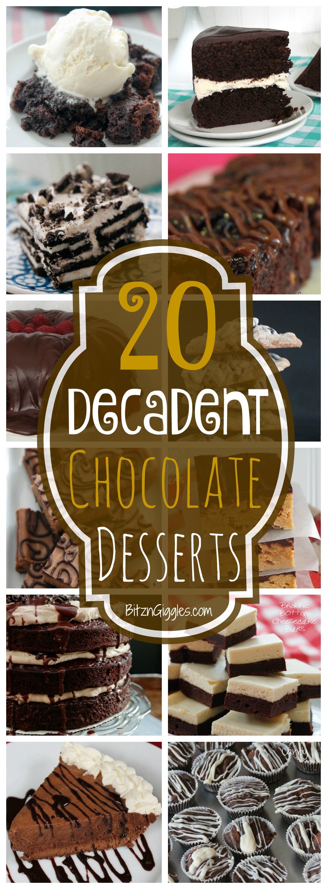 20 Decadent Chocolate Desserts - A collection of chocolate cakes, pies, cookies and bars that will make you drool! Which one will you make first?!