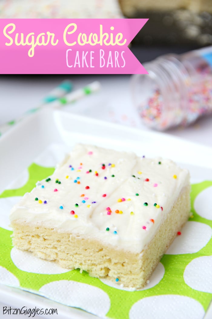 Sugar Cookie Cake Bars - Soft and chewy bars topped with decadent buttercream frosting and colorful sprinkles ~ perfect for a party and makes enough for a crowd!