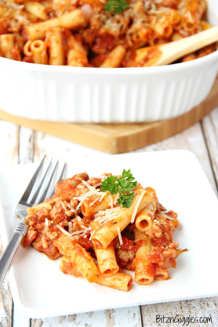 Baked Ziti - A classic, comforting dish featuring ground turkey, pasta, sauce and parmesan cheese. Perfect for a family meal or entertaining a small group!
