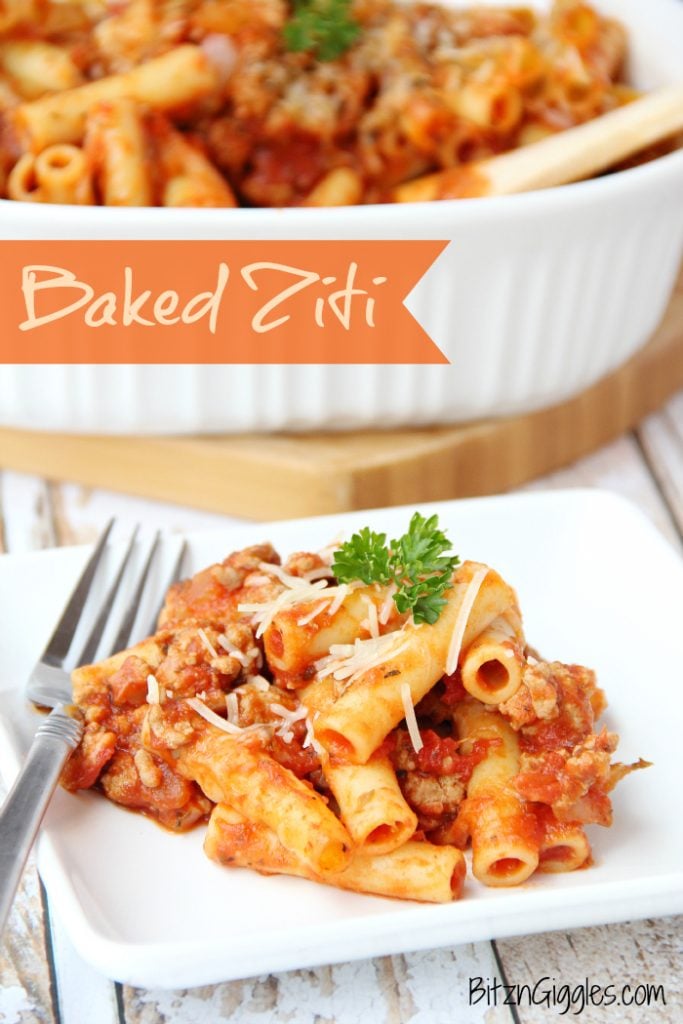 Baked Ziti - A classic, comforting dish featuring ground turkey, pasta, sauce and parmesan cheese. Perfect for a family meal or entertaining a small group!