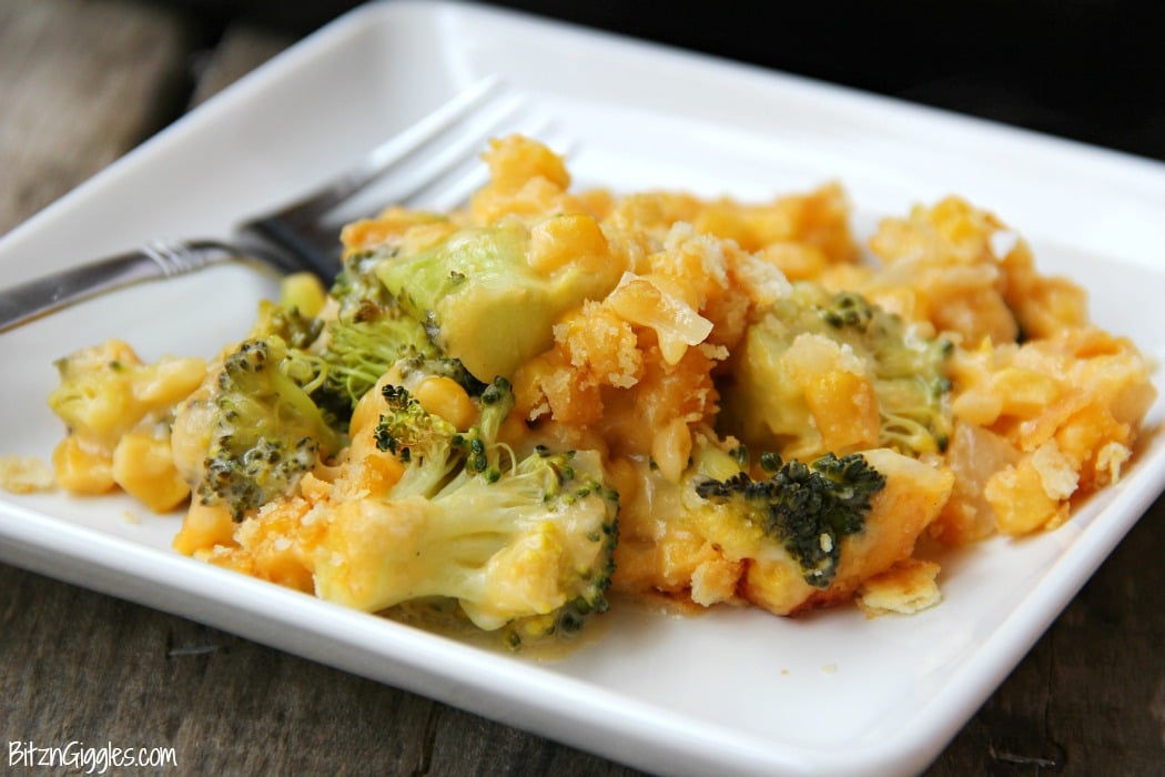 Cheesy Broccoli and Corn Casserole - Flavorful vegetables in a creamy cheese sauce, topped with a crunchy Ritz cracker crust!