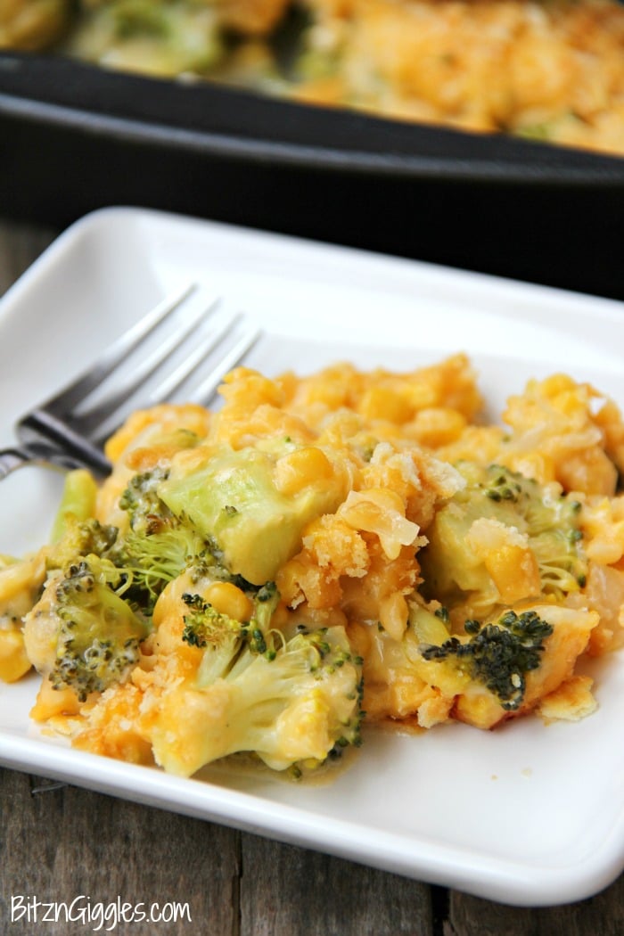 Cheesy Broccoli and Corn Casserole - Flavorful vegetables in a creamy cheese sauce, topped with a crunchy Ritz cracker crust!