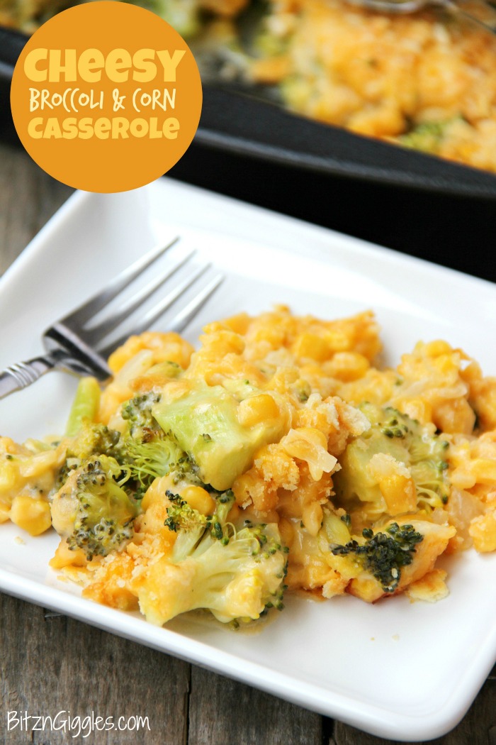 Cheesy Broccoli and Corn Casserole - Flavorful vegetables in a creamy cheese sauce, topped with a crunchy Ritz cracker crust!