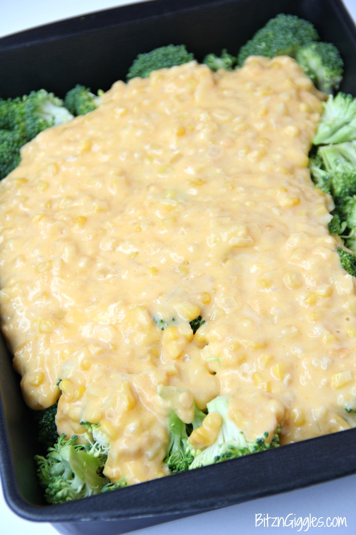 Cheesy Broccoli and Corn Casserole - Flavorful vegetables in a creamy cheese sauce, topped with a crunchy Ritz cracker crust!