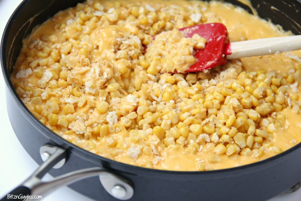 corn casserole with cream cheese and ritz cracker topping