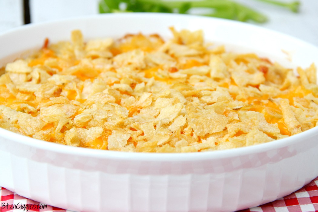 Chicken Salad Dip - This easy dip is a twist on a classic hot chicken salad recipe that I've had in my recipe box for some time now. It's a cheesy and creamy chicken mixture topped with crushed potato chips and perfect for cracker or tortilla chip dipping!