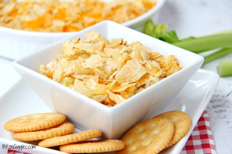 Chicken Salad Dip - This easy dip is a twist on a classic hot chicken salad recipe that I've had in my recipe box for some time now. It's a cheesy and creamy chicken mixture topped with crushed potato chips and perfect for cracker or tortilla chip dipping!
