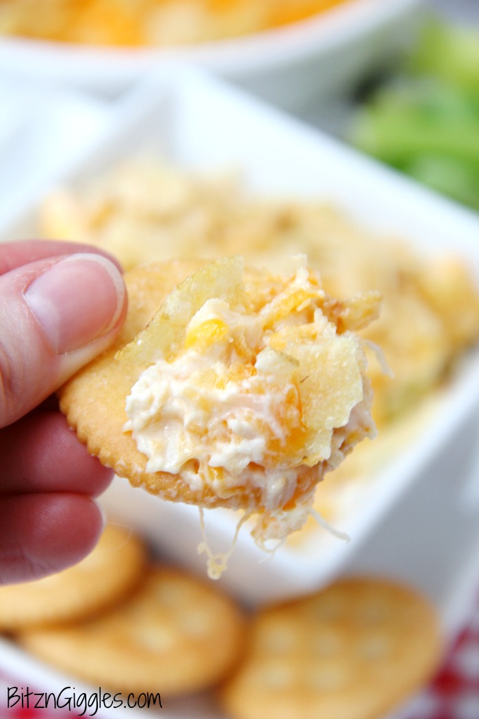 Chicken Salad Dip - This easy dip is a twist on a classic hot chicken salad recipe that I've had in my recipe box for some time now. It's a cheesy and creamy chicken mixture topped with crushed potato chips and perfect for cracker or tortilla chip dipping!