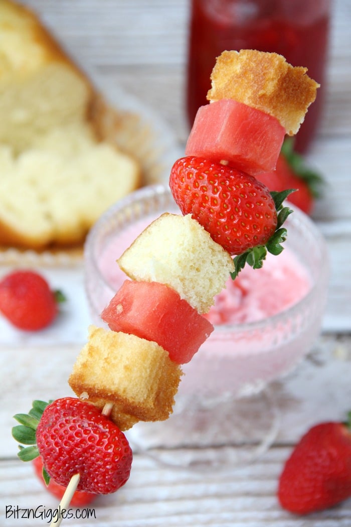 Strawberry Shortcake Dip - This dip comes together in minutes! Swirl in your favorite strawberry jam, cut up some fruit and cake and start dipping!