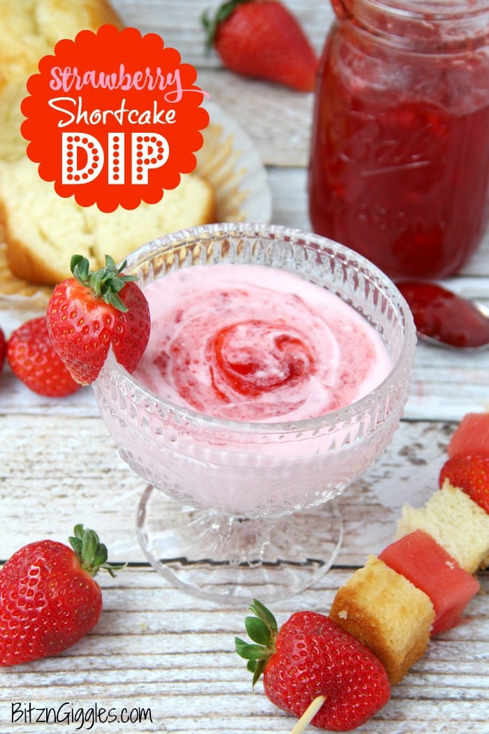 Strawberry Shortcake Dip - This dip comes together in minutes! Swirl in your favorite strawberry jam, cut up some fruit and cake and start dipping!