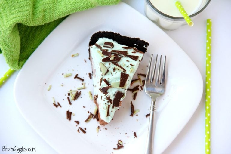 Easy Grasshopper Pie - Kid-friendly chocolate and Andes mint pie! Uses a store-bought Oreo crust so it comes together in literally minutes!