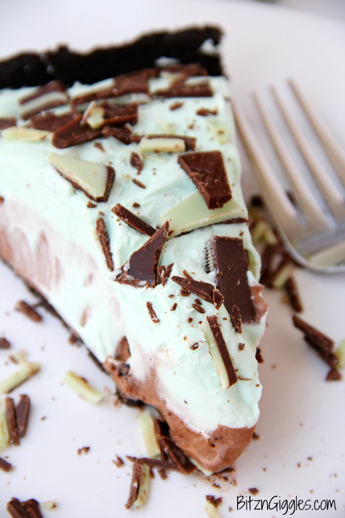 Easy Grasshopper Pie - Kid-friendly chocolate and Andes mint pie recipe! Uses a store-bought Oreo crust so it comes together in literally minutes!