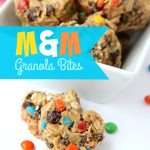 M&M Granola Bites - These granola bites are a family favorite, made with peanut butter, honey, M&Ms and chocolate chips! I used a silicone pan with heart-shaped molds to make a creative Valentine's Day dessert. Use any kind of mold you like!